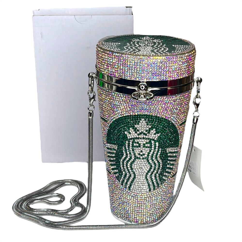 Starbucks Coffee Cup Handbag Crystal Rhinestone Purse Bag Silver Chain New Lg